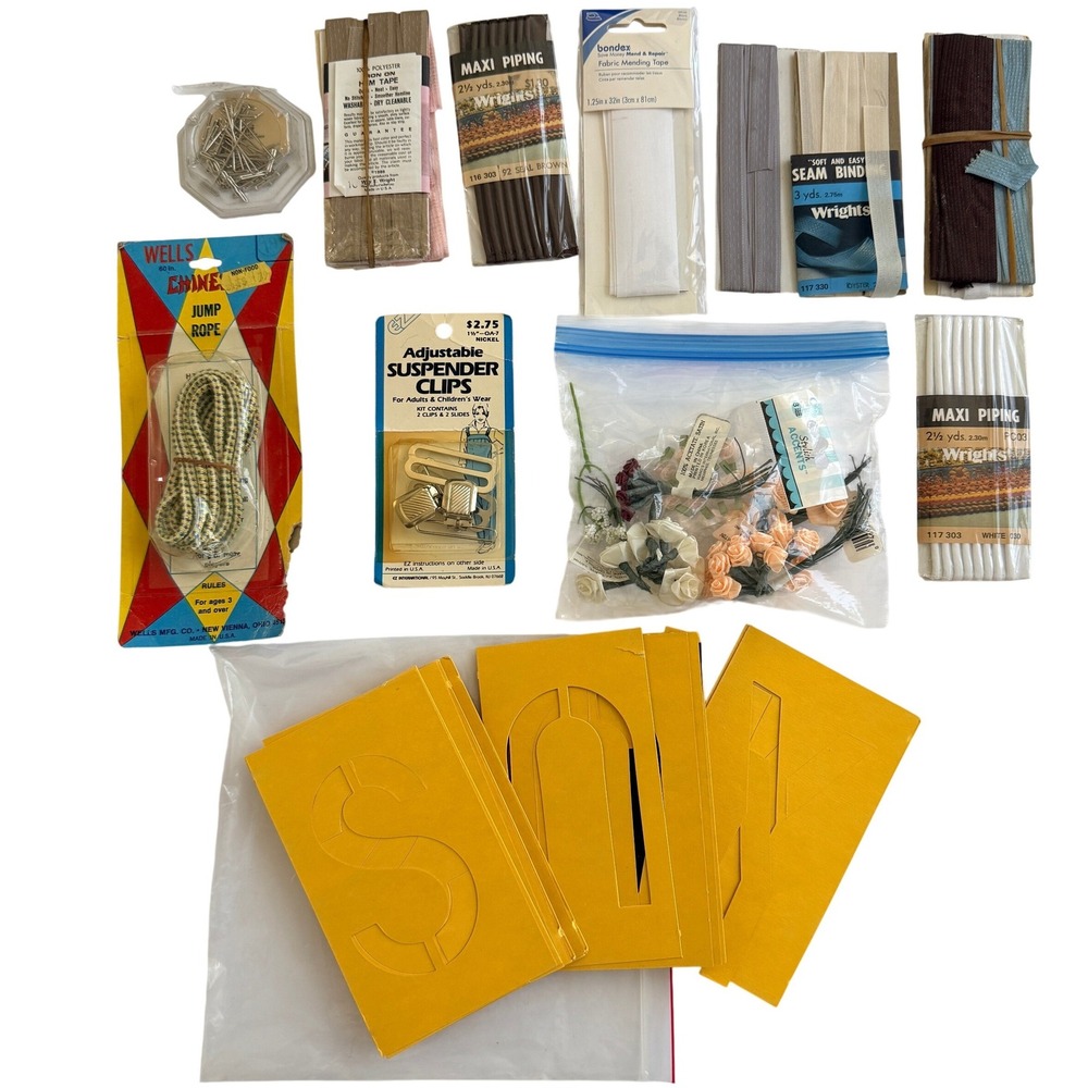 Vintage Sewing Notions Craft Lot Wrights Piping Trim Stencils Clips Jump Rope